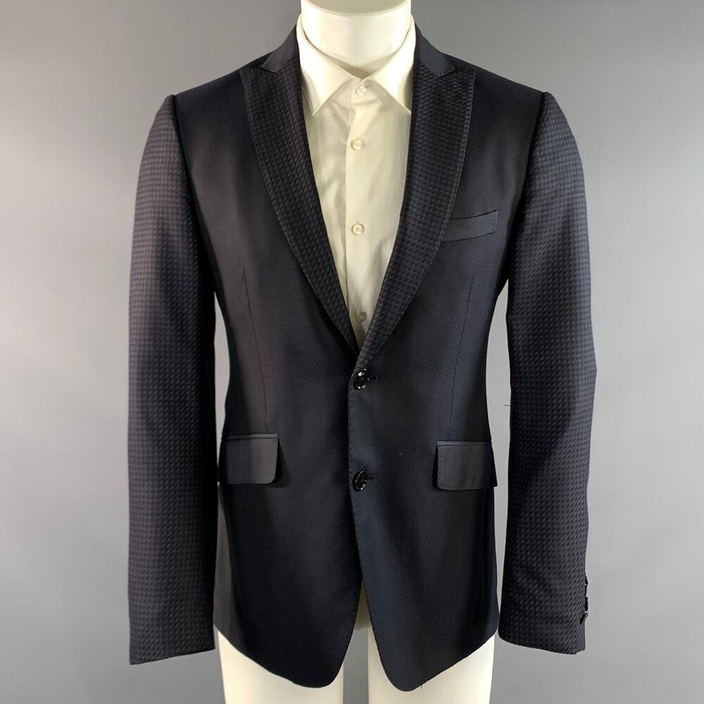 ETRO Chest Size 42 Black Navy Jacquard Wool Silk Peak Lapel Sport Coat